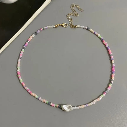 Fashion Boho Beads Necklace Women Imitation Pearl Seed Beaded Strand Short Choker Necklace Handmade Female Jewelry Wholesale