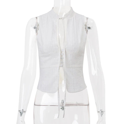 Lamuusaa y2k Tank Top Women Summer Clothes White Flower Embroidery Mock Neck Front Cutout Sleeveless T Shirt Vest Streetwear