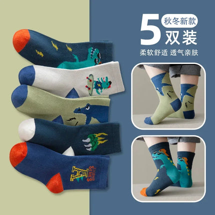 5 Pairs 1-12 Years Children's Cotton Socks Spring Autumn Cartoon Dinosaur Black White Grey Baby Girls Toddler Kids Boys Socks