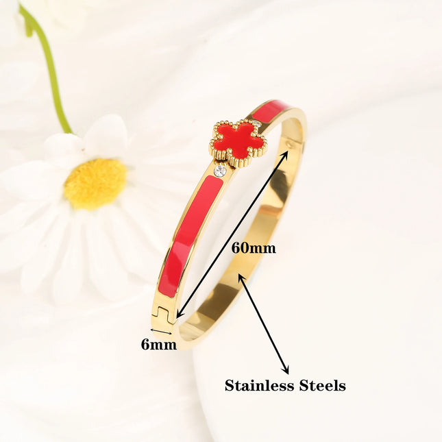 6 Colors Classic Luxury Stainless Steel Five Leaf Flower Open Bangle Simple for Woman Girl Party Trend Enamel Jewelry  Clover