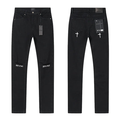 RTA Brand Men's Slim Fit Paint Graffiti Damaged Destroyed Hole Skinny Denim long Trouser Jeans Pants Streetwear