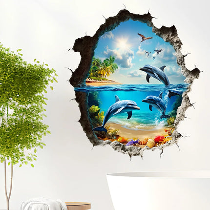 3D Wall Breaking Wall Stickers Living Room bathroom Wall Decor Boys Children's Room Underwater World Wall Stickers