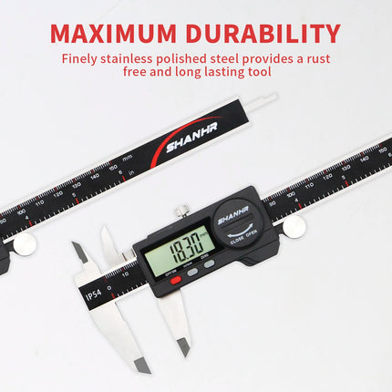 SHANHR 150mm Electronic Digital Caliper Measuring Tool, Digital Caliper Stainless Steel Construction with Large LCD Screen