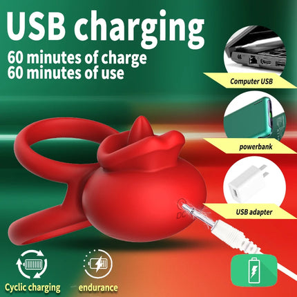 Vibrating Cock Ring Clitoral Stimulator with Tongue Licking 4-in-1 Penis Ring Vibrator 9 Modes Couples Sex Toy for Men and Women