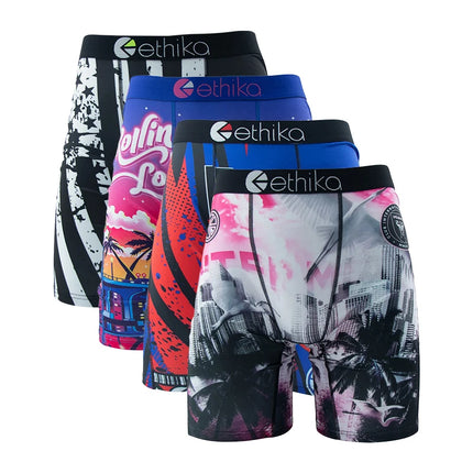 ETHIKA 4Pcs Men Underwear Boxers Breathable Swimming Man Underpants Plus Size Print Mens Panties Trunks Sexy Men's Boxer Briefs