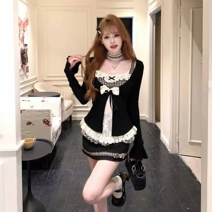 Korean Fashion Elegant Patchwork Lace Tops Slim Casual Long Sleeve Blouse 2000s American Vintage Sweet Pullover Chic