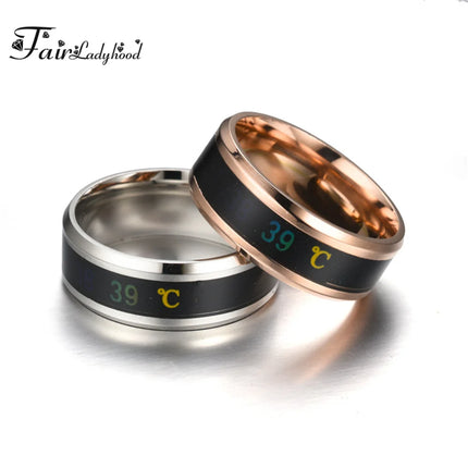 FairLadyHood Black Silver Color Gold Rose Blue Color Intelligent Thermometer Temperature Men Women 316L Stainless Steel Couple