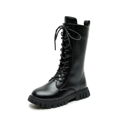 Girls' Boots Autumn Winter British Style Lace Up Long Boots Solid Color Princess Leather Boots Plus Velvet Kids Knight Boot