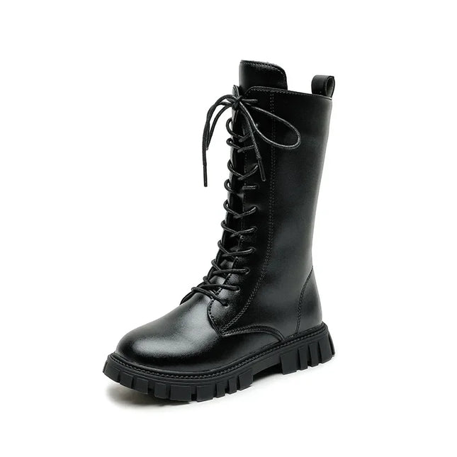 Girls' Boots Autumn Winter British Style Lace Up Long Boots Solid Color Princess Leather Boots Plus Velvet Kids Knight Boot