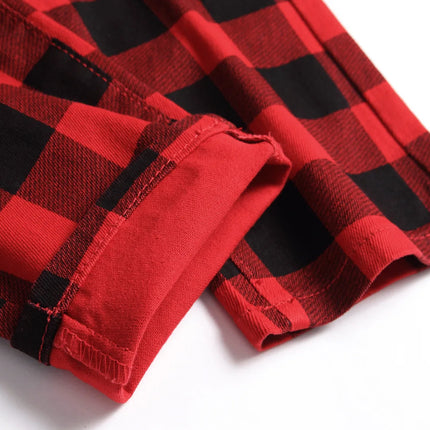 Men's Red Jeans with Checkered Print Details, Made From Stretch Denim Pants, Stylish Slim-fit Design Trousers. 28-34 36 38 40 42