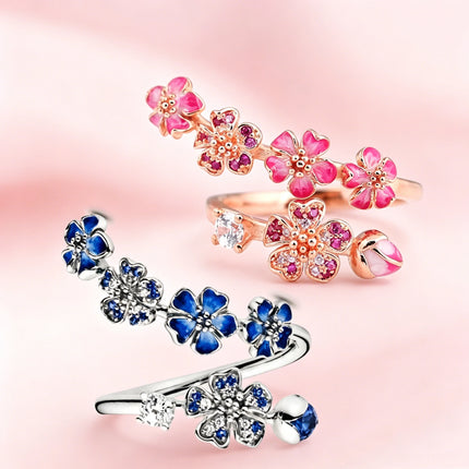 FTCY S925 Silver Rose Enamel Peach Blossom Crystal Ring For Women Simple Fine Ring Wedding Party Wholesale Jewelry