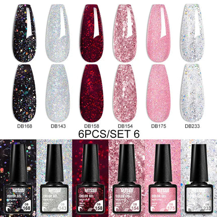 6pcs Pink Red Glitter Gel Nail Polish Set Silver Auroras Glitter Semi Permanent Soak Off UV Gel Varnish Nail Supplies DIY Decor