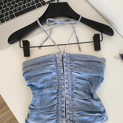 SINGREINY Beach Denim Tank Top 2026 Halter Ruched Slim Solid Camisole Streetwear Hot Girl Basics Y2K Backless Sexy Crop Top