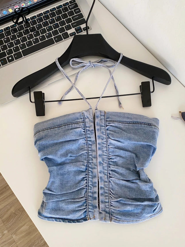 SINGREINY Beach Denim Tank Top 2026 Halter Ruched Slim Solid Camisole Streetwear Hot Girl Basics Y2K Backless Sexy Crop Top