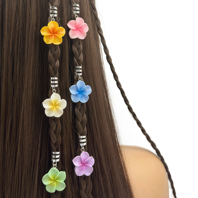 6pcs Frangipani flower Gradient color Decor Summer Hair Dreadlocks Beads Hair Braid Rings  Jewelry for parties Music festival