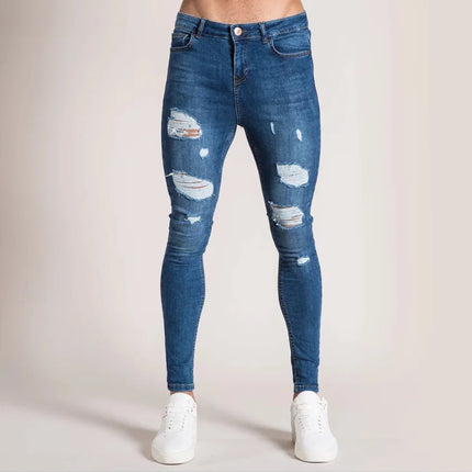 new White Embroidery Jeans Men Cotton Stretchy Ripped Skinny Jeans High Quality Hip Hop Black Hole Slim Fit Oversize Denim Pants