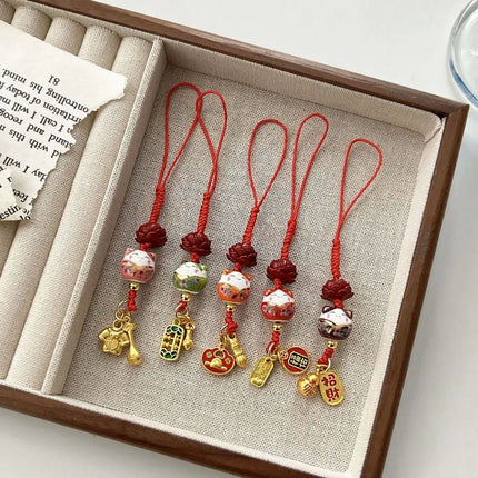 Sweet Cartoon Maneki Neko Key Chain Ceramic Ornament Lucky Cat Phone Charm Fortune Phone Lanyard Lucky Cat Phone Strap Girls