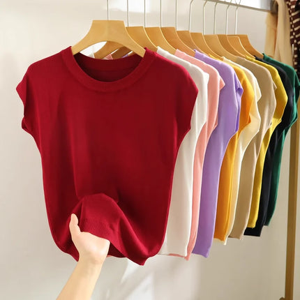 Ice Silk Knitted Top Women's Summer Thin Shoulder Drop Round Neck Short Sleeve T-shirt Pure Color Commute Style Outerwear
