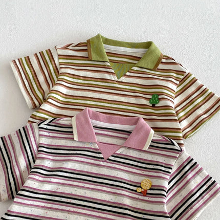 2026 Summer 6M-5Y Childrens Clothes Stripe Contracting Color Korean Style Girls Shirt Cartoon Embroidery Polo Shirt for Girls