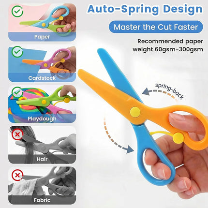 Kids Blunt Tip Auto Spring Safety Scissors Toddler Preschool Art Craft Training Scissors for Paper Playdough Left Right Handed