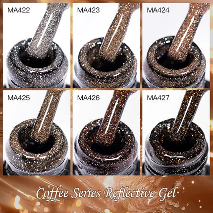 6pcs Coffee Brown Reflective Glitter Gel Nail Polish Set Dark Flashy Semi Permanent Soak Off UV Gel Varnish Nail Supplies Salon