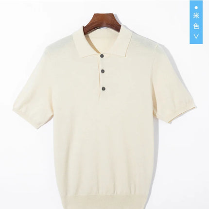 Men's short sleeved polo shirt, stylish top, knitted T-shirt, 2024 summer wool blend casual business pullover