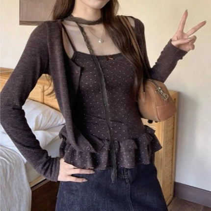Japanese Y2k Knitted Tops Two Piece Set Vintage Harajuku Button Knit T-shirt Sets Korean 2000s Style Knitwear American