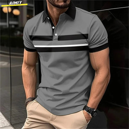 Men's Golf Stripe Polo Shirt Casual Short-Sleeve Solid Color Lapel Fashion New Business Sports Breathable T-Shirt Top
