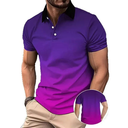Men's 3D Fashion Gradient Polo Shirt, Lapel Golf Shirt, Short Sleeved Printed Button Up Clothing