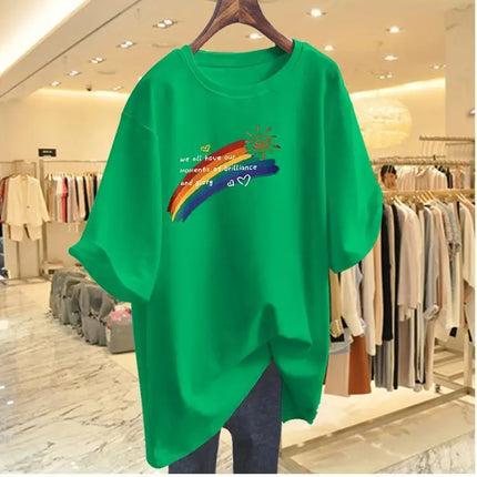 Women Clothing Fashion Hand-Painted Rainbow Print Tshirt Summer O-neck Short Sleeve 100 Cotton Basic Tee Loose Chic Top 45-105Kg