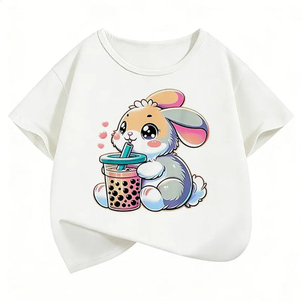 Cute Rabbit Graphic Kids T-shirts Summer Short Sleeve Tees Cartoon Animal Boys Girls Clothes Kawaii Tops Y2K Children T-shirt