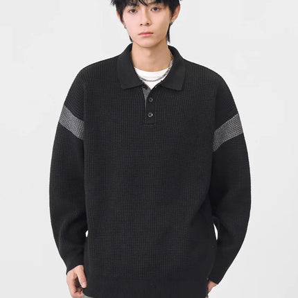 Autumn Winter Polo-Style Colour-Block Knit Sweater Men Effortlessly Stylish Relaxed Fit Loose Collar Top Warm Cosy