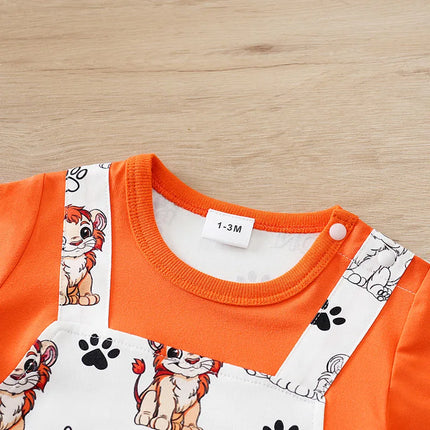 2025 Newborn 0-18Months Boys and Girls Baby Short-Sleeve Romper Cute Lion Print with Faux Two-Piece Design baby clothes Summer
