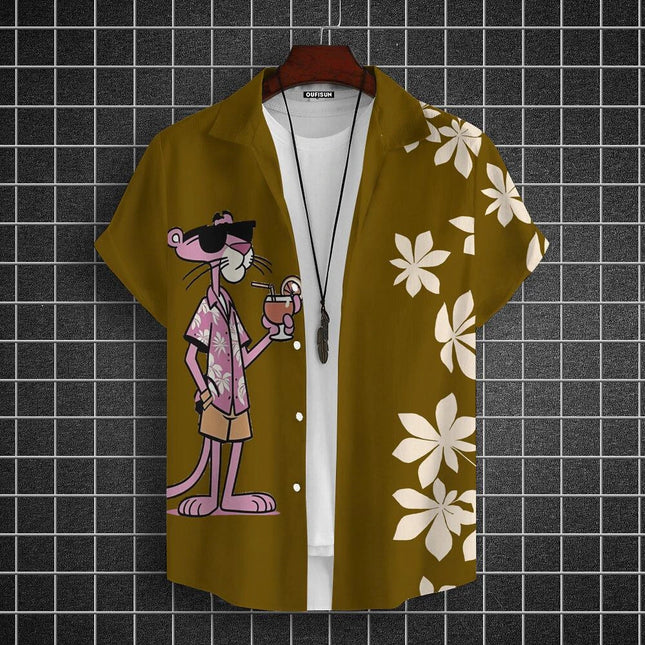 Cartoon Leopard Graphic Men Short Sleeve Lapel Shirt Tops Unisex Pink Button-Down Hawaiian Shirts Summer Daily Female Blouses