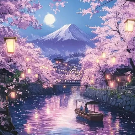 Night Sakura Mt.Fuji River Cruise Jigsaw Puzzle, Moonlit Lantern Japanese Scenery Home Decor Collectible Art Puzzle for Home