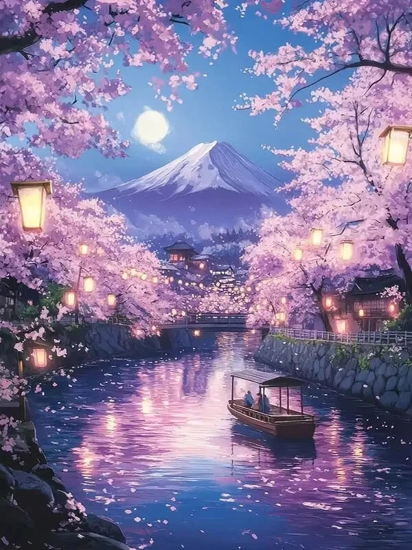Night Sakura Mt. Fuji River Cruise Jigsaw Puzzle, Moonlit Lantern Japanese Scenery Home Decor Collectible Art Puzzle for Home