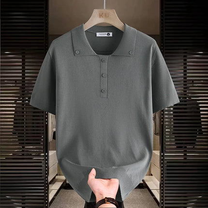Men's Button Down Collar Knit Polo Shirt Short Sleeve Solid Color Casual Summer Tops Lightweight Business Tee