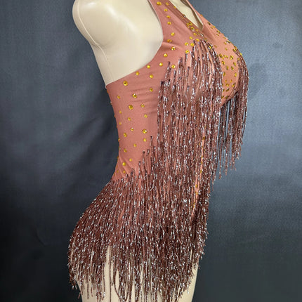 Sparkly Rhinestones Fringe Bodysuit Women Nightclub Party Dance Costume Stage Wear Sexy Tassel Leotard Performance Clothing 7G