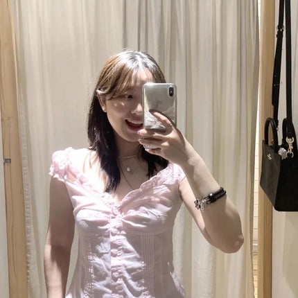 Brandy Girl Spicy Girl Pleated Bubble Sleeve T-shirt Pure Desire Slim Fit Women's Tianna Top Cotton Short Sleeve V-neck