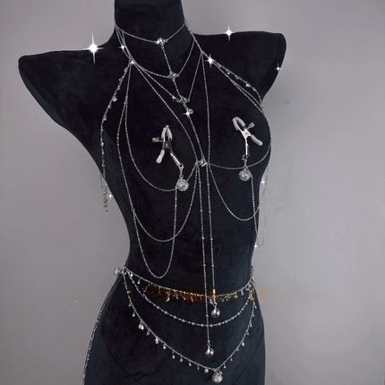 Sparkling Body Chain with Nipple Clamps Collar All-in-One BDSM Training Set Paired with Waist Chain Sexy Accessories Sex Toys