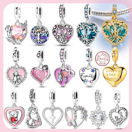 Charm Bead 925 Sterling Silver Heart Starry Sky Family Mother-Daughter-Sister Charm Fit Bracelets Pendant Women DIY Jewelry Gift