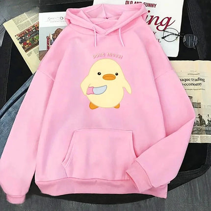 Don‘t Mess Duck Holding Knife Kawaii Cartoon Print Woman Hoodies Sweatshirts Harajuku Female Long Sleeve Casual Streetwear