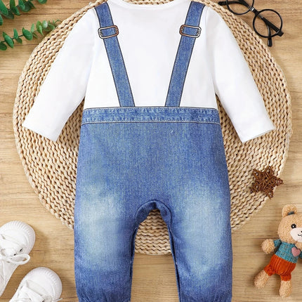 Summer  0-1  Years  Old  Infant  Baby  Boys   Fake  Denim  Print   Long  Sleeved  Casual  Baby  Clothing