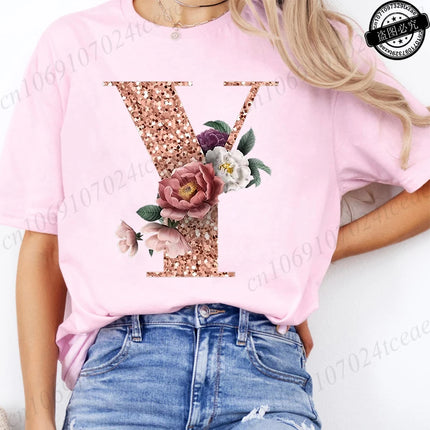 T Shirt for Women Clothing Summer Short Sleeve Tee shirts Rose Gold Letter A~Z Printed Graphic Tops Female T-Shirts Clothing