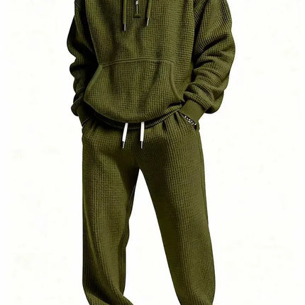 Autumn and Winter Waffle Hooded Sweatshirt Sweatpants Set 3D Printed Casual Sports Suit Men