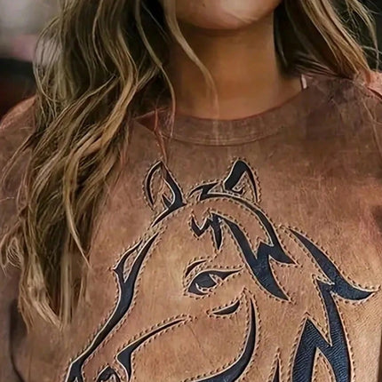 2026 Women's Casual Elegant Spring and Autumn Edition Horse Pattern Solid Color Round Neck Comfortable Long Sleeve Hoodie Top