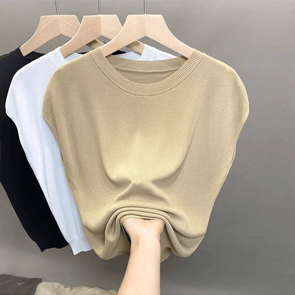 Ice Silk Knitted Top Women's Summer Thin Shoulder Drop Round Neck Short Sleeve T-shirt Pure Color Commute Style Outerwear