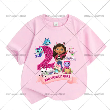 New Gabby Dollhouses Pink Short Sleeve White T-shirts Girls Tops Cotton Summer Casual Birthday Number T-shirt Party Supplies Tee