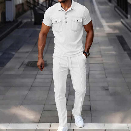 Men's Waffle Knit 2 Piece Set Double Pocket Polo Shirt & Slim Fit Pants Casual Tracksuit