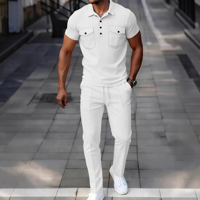 Men's Waffle Knit 2 Piece Set Double Pocket Polo Shirt & Slim Fit Pants Casual Tracksuit